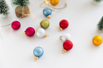 christmas baubles and fir trees