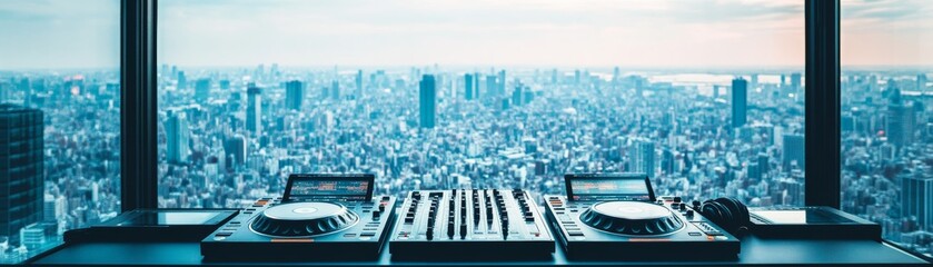 DJ Setup with Cityscape View, Nightlife, Music production