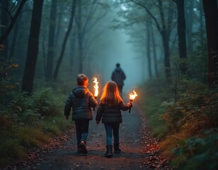 Two children walk along forest path illuminated by torches. Shadowy figure follows deeper into misty woods creating atmosphere of adventure, mystery. Scene evokes feelings of exploration, solitude in