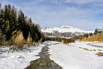 Pontresina, Berninabach, Berninapass, Val Bernina, Winter, Wintersport, Wanderweg, Langlauf, Langlaufloipe, Oberengadin, Graubünden, Alpen, Schweiz