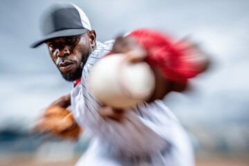 Intense baseball player pitches during outdoor game on a cloudy day at the local field