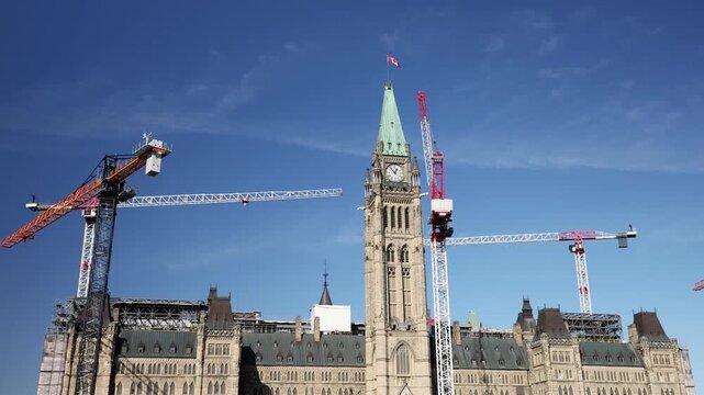 Parliament building, Centre Block under restoration with cranes in Ottawa, Canada.