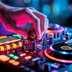 Obraz premium DJ's Hand on Neon Mixer, Music , Nightlife