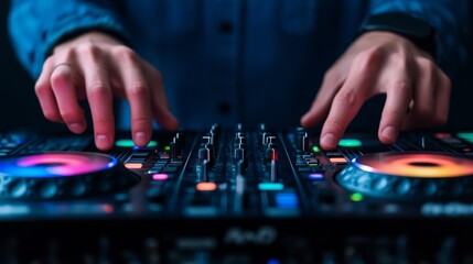 Naklejka premium DJ's Hands on Decks Mixing Sounds, Creating Vibes, DJing ,MusicProduction