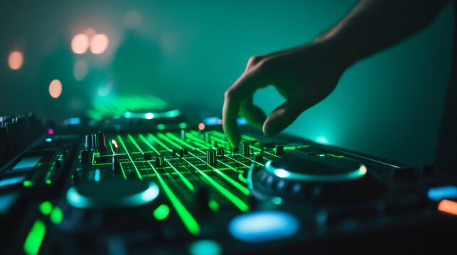 Green Lit DJ Mixer Hand Adjusting Faders, Music, Nightlife - Powered by Adobe