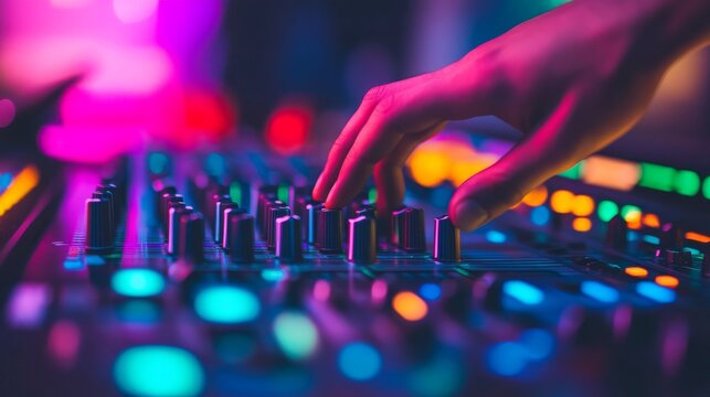 Hand Adjusting Audio Mixer in Neon Lights, music, sound