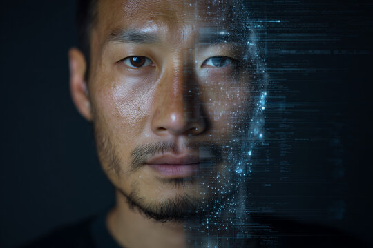 asian man looking right into camera. smile. One side is normal and human, the other side of his face has digital data visualization artifacts to suggest ai usage