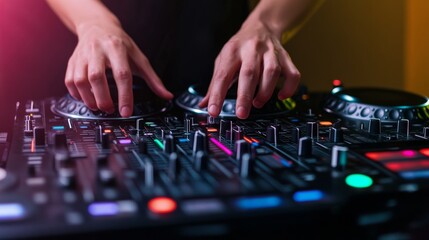 Fototapeta premium Hands on Deck Close-up of DJ mixing console with vibrant lights ,DJ ,Music