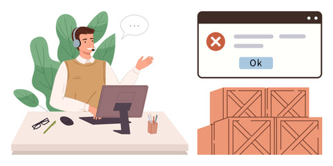 Business professional using a headset and computer, resolving order issues related to shipping with boxes and error notification screen. Ideal for customer support, logistics, problem-solving