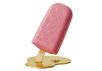 Pink popsicle with golden geometric pattern isolated on transparent background, sweet summer treat for dessert and confectionery