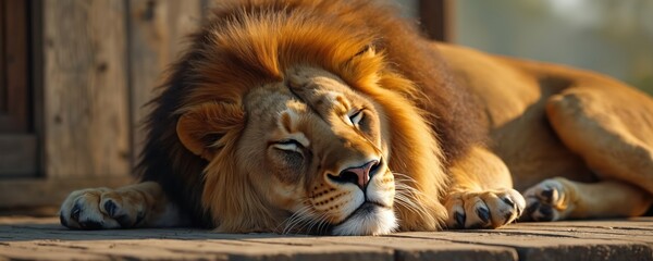 Majestic male lion with mane sleeps on wooden surface. Wild cat rests peacefully in warm sun. Closeup portrait of calm animal king showing serene face symbol of tranquility strength, relaxation.
