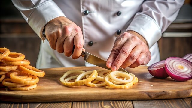 Macro Top View of Chef Cutting Onion Rings