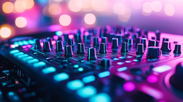 Illuminated Sound Mixer Close-up of Knobs and Controls in Neon Light, DJ Equipment, Music Production