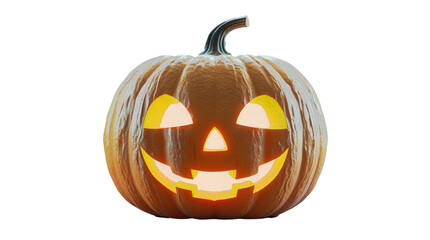 A friendly AI-generated Halloween jack-o'-lantern with a wide, welcoming smile, illuminated from within and isolated on white, perfect for graphic design, UI, UX, and cheerful seasonal projects.