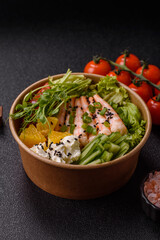 A prawn or shrimp bowl with rice, tomatoes, sauce, and vegetables, Asian food. Prawn or shrimp