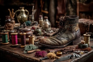 Fototapeta premium Still life of a leather workbench showing a worn boot, spools of thread, wax, and traditional shoemaking tools in a cluttered workshop.