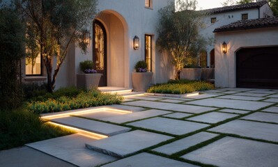 Fototapeta premium Modern Courtyard With Elegant Lighting and Landscaped Garden at Dusk