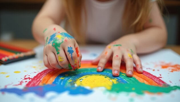 Little girl painting colorful rainbow with hands. Child creates art at home. Young girl engaged in arts, crafts. Finger painting for kids. Colorful drawing on paper. Home schooling art project. Child