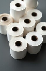 Several rolls of white thermal paper for cash register or printer on gray background. Rolls of blank receipt paper or label tape in office supply. Stationery for business or retail use.