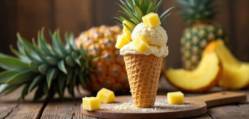 Pineapple ice cream in waffle cone garnished with fresh fruit cubes, leaves. Sweet tropical summer dessert stands on rustic wooden table. Refreshing cold gelato snack with whole ananas background.