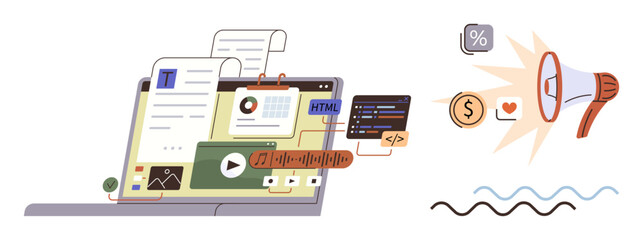 Laptop with text documents, charts, code, multimedia tools, megaphone emitting marketing icons thumbs up heart, dollar, percentage, and analytics. Ideal for content creation marketing web design