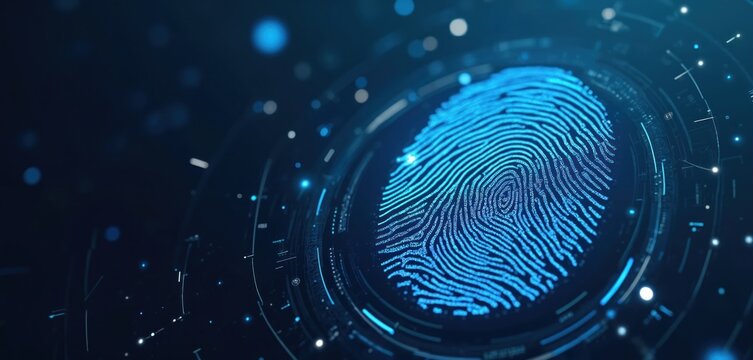 Digital fingerprint scan on dark background. Futuristic biometric identification for secure access. Personal data protection concept. Access granted with unique identity.