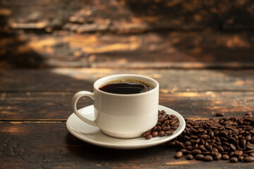 Cup of black coffee on a saucer with coffee beans dark wooden background perfect for a morning beverage advertisement