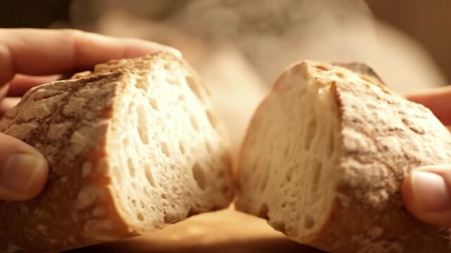Freshly baked bread is broken open, releasing a cloud of warm vapor.