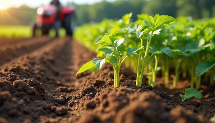 Young green potato plants growing in farm field. Tractor works in background. Rows of cultivated potato plants on soil. Agricultural machinery on rural land. Fresh leaves on brown earth. Farming,