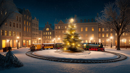 A train spinning around a Christmas tree in the middle of a snowy square