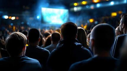 Faceless crowd of football supporters seen from behind, silhouettes illuminated by screen glow during goal moment, with copy space.