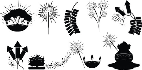 Diwali festival silhouette icons, fireworks, diyas, oil lamps, crackers, rockets, sparkler, coconut pot, traditional celebration, Hindu culture, vector illustration