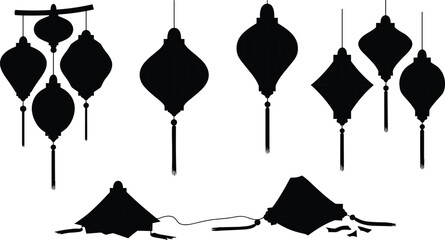 Traditional hanging lantern silhouettes with tassels, cultural festive decoration elements, Asian lantern design parts, celebration ornaments, festival lighting illustration