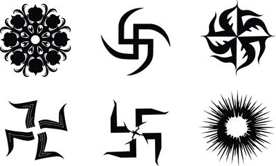 Abstract black and white tribal geometric symbols, symmetrical mandala patterns, cultural motifs, sunburst, swastika style, decorative design, vector illustration