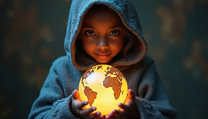 Cute little girl in grey hood holds glowing Earth globe, looking directly at camera. Hands gently protect luminous planet. Child hope for future, global peace, eco awareness for better world.