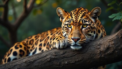 Obraz premium Magnificent leopard rests on tree branch. Beautiful wild cat looks at viewer. Stunning animal with spotted fur in natural habitat. Exotic wildlife portrait in jungle.