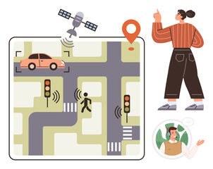 Satellite monitoring car movement at intersections, pedestrian signals, GPS location pin, and digital communication. Ideal for transport, navigation, IoT, connectivity, planning urban safety simple