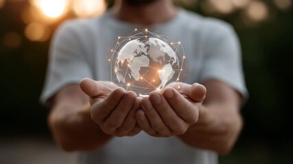Hands hold digital glowing earth global network connectivity future technology concept. - Powered by Adobe