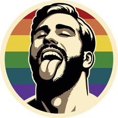 Cool bearded gay guy with open mouth and tongue out. Round graphic rainbow LGBTQ symbol (vector)
