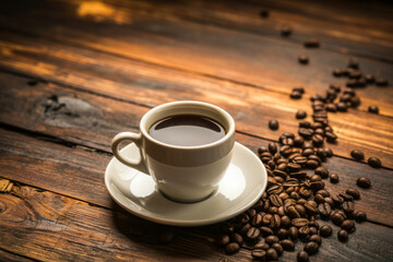 Aromatic black coffee in a white cup served with roasted coffee beans on a rustic wooden table for a morning beverage concept