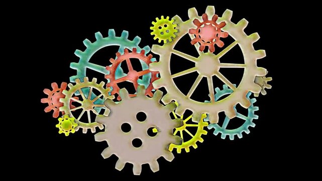 Vibrant, Colorful Gears Turning Together in Seamless Loop