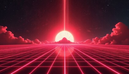 Vibrant neon grid extends to horizon under starry night sky with red clouds. Gigantic radiant sun rises, emitting bright light beam. Digital cyberspace landscape.