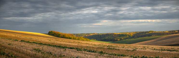 Fototapeta premium An endless horizon with engulfing clouds.A grand panorama of agricultural land in central Ukraine. Autumn fieldwork. 
