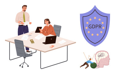 Team reviewing compliance documents at table, GDPR emblem symbolizing data protection, person pushing boulder into human brain. Ideal for data security, GDPR, teamwork, compliance, privacy, law