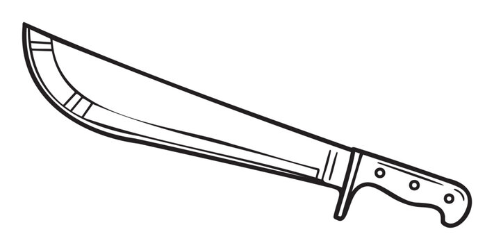 Black outline of a traditional machete knife with a sharp blade and a sturdy handle, depicted in a simple linear style.
