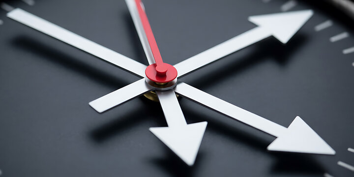 Clock face with arrows pointing in different directions, symbolizing choices, decisions, and time's passage.