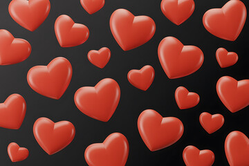 Multiple vibrant red hearts float against a dark background, evoking feelings of love and affection.