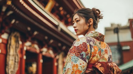 Fototapeta premium Woman in traditional Japanese kimono at temple in Tokyo