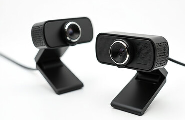 Two black webcams with stands sit on white surface. These digital cameras are used for computer video calls, online meetings. They have lenses, are connected by wires. Modern tech for communication.