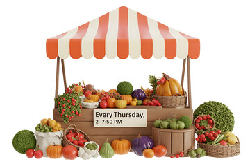 Colorful market stall displays fresh produce, inviting shoppers for a weekly Thursday event.